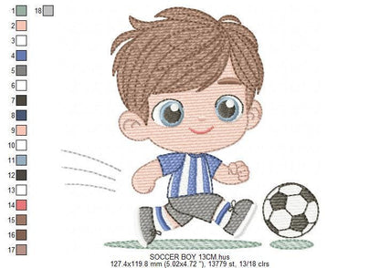 Soccer player embroidery designs - Baby Boy machine embroidery file - Boy with soccer ball file - Instant digital download pes jef dst hus