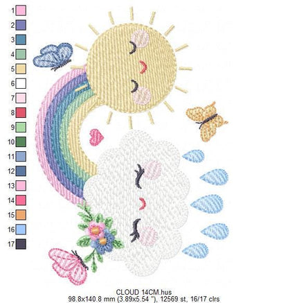 Rainbow embroidery design - Sun cloud and rain machine embroidery pattern - Baby girl file - Instant digital download pes jef dst hus vp3