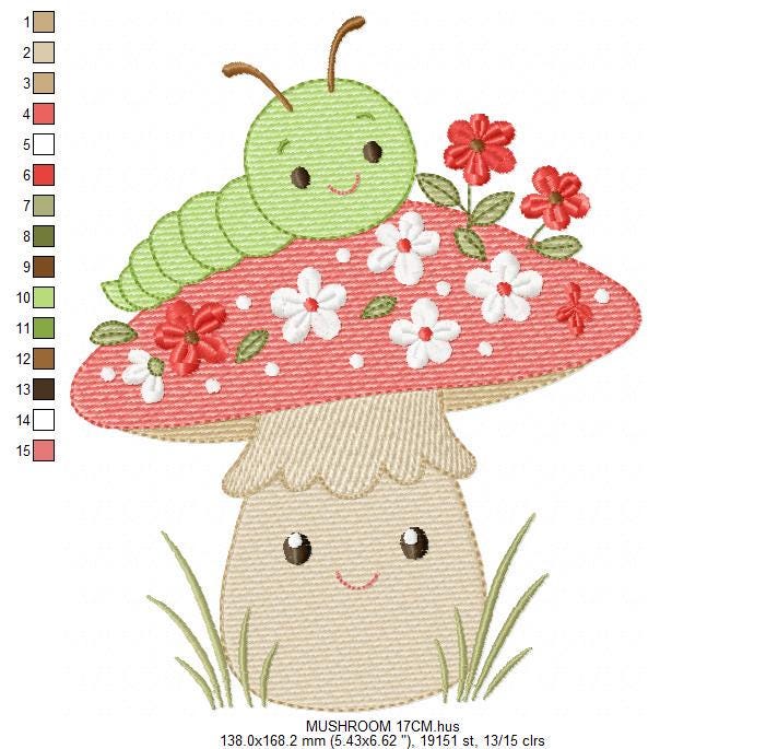 Caterpillar and Mushroom embroidery designs - Red Toad with flowers machine embroidery pattern - Magical Garden Forest - Instant download