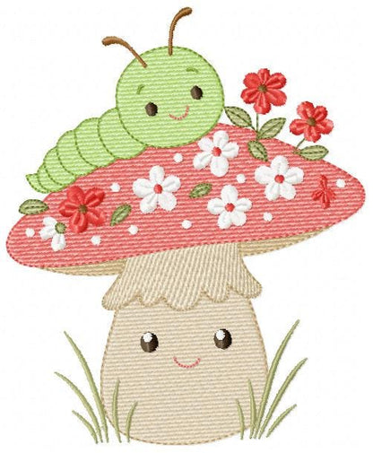 Caterpillar and Mushroom embroidery designs - Red Toad with flowers machine embroidery pattern - Magical Garden Forest - Instant download