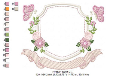 Flower Frame embroidery designs - Delicate Butterfly Monogram shape machine embroidery pattern - Floral Wreath - Instant download pes jef