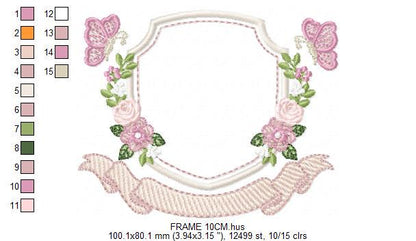Flower Frame embroidery designs - Delicate Butterfly Monogram shape machine embroidery pattern - Floral Wreath - Instant download pes jef
