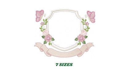 Flower Frame embroidery designs - Delicate Butterfly Monogram shape machine embroidery pattern - Floral Wreath - Instant download pes jef