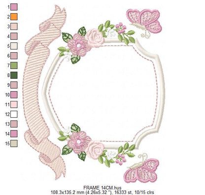 Flower Frame embroidery designs - Delicate Butterfly Monogram shape machine embroidery pattern - Floral Wreath - Instant download pes jef