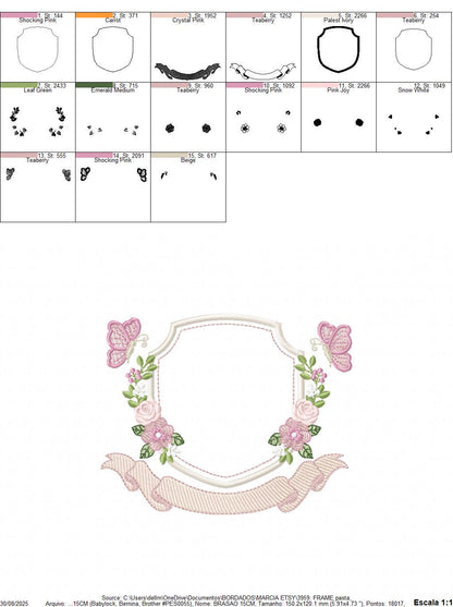 Flower Frame embroidery designs - Delicate Butterfly Monogram shape machine embroidery pattern - Floral Wreath - Instant download pes jef