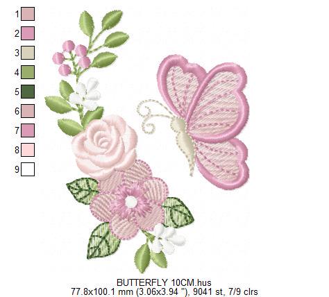 Butterfly embroidery design - Delicate Flowers machine embroidery pattern - Kitchen Towel Floral Corner file - Instant digital download pes