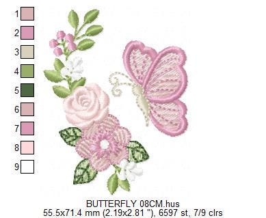 Butterfly embroidery design - Delicate Flowers machine embroidery pattern - Kitchen Towel Floral Corner file - Instant digital download pes