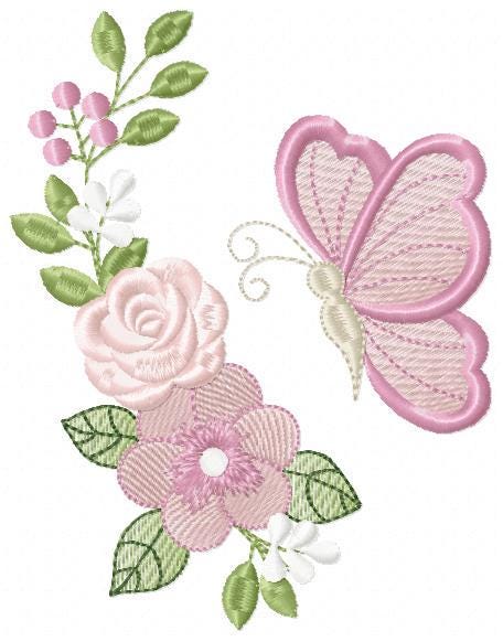 Butterfly embroidery design - Delicate Flowers machine embroidery pattern - Kitchen Towel Floral Corner file - Instant digital download pes