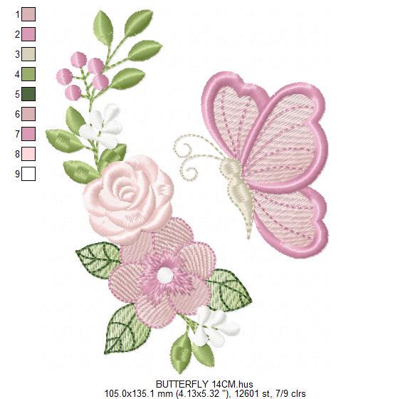 Butterfly embroidery design - Delicate Flowers machine embroidery pattern - Kitchen Towel Floral Corner file - Instant digital download pes