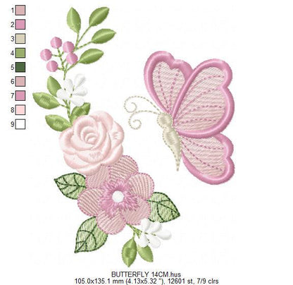 Butterfly embroidery design - Delicate Flowers machine embroidery pattern - Kitchen Towel Floral Corner file - Instant digital download pes
