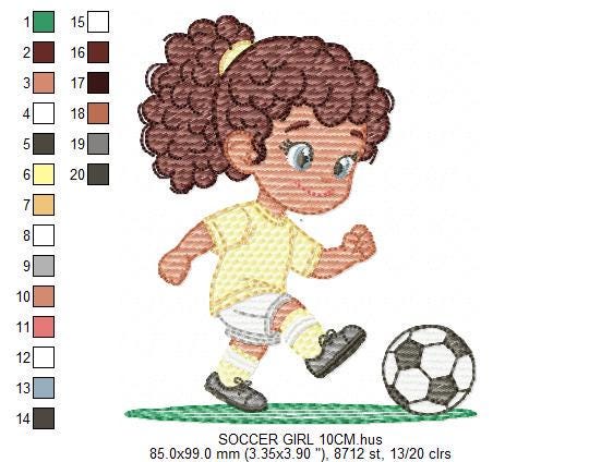 Soccer player embroidery designs - Baby Girl with curly hair machine embroidery file - Girl with soccer ball file - Instant digital download