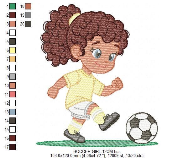 Soccer player embroidery designs - Baby Girl with curly hair machine embroidery file - Girl with soccer ball file - Instant digital download