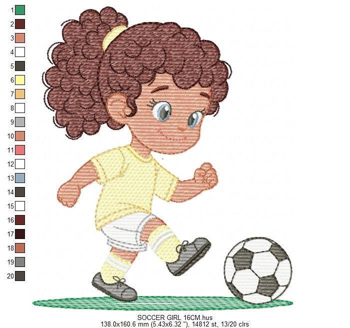 Soccer player embroidery designs - Baby Girl with curly hair machine embroidery file - Girl with soccer ball file - Instant digital download