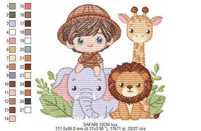 Safari explorer with wild animals embroidery designs - Elephant Lion Giraffe machine embroidery pattern - Baby boy file - Instant download