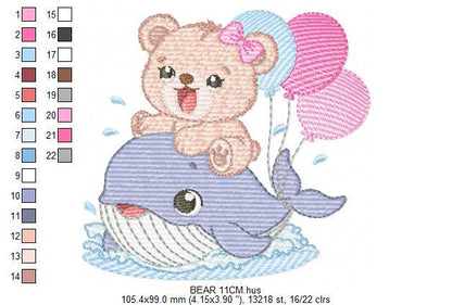 Bear with Whale embroidery designs - Ocean Animal with balloons machine embroidery pattern - Sea Life Baby Boy - Instant digital download