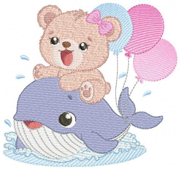 Bear with Whale embroidery designs - Ocean Animal with balloons machine embroidery pattern - Sea Life Baby Boy - Instant digital download