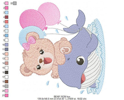 Bear with Whale embroidery designs - Ocean Animal with balloons machine embroidery pattern - Sea Life Baby Boy - Instant digital download