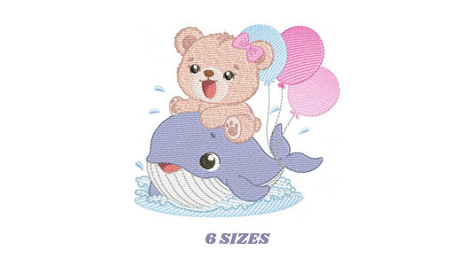 Bear with Whale embroidery designs - Ocean Animal with balloons machine embroidery pattern - Sea Life Baby Boy - Instant digital download