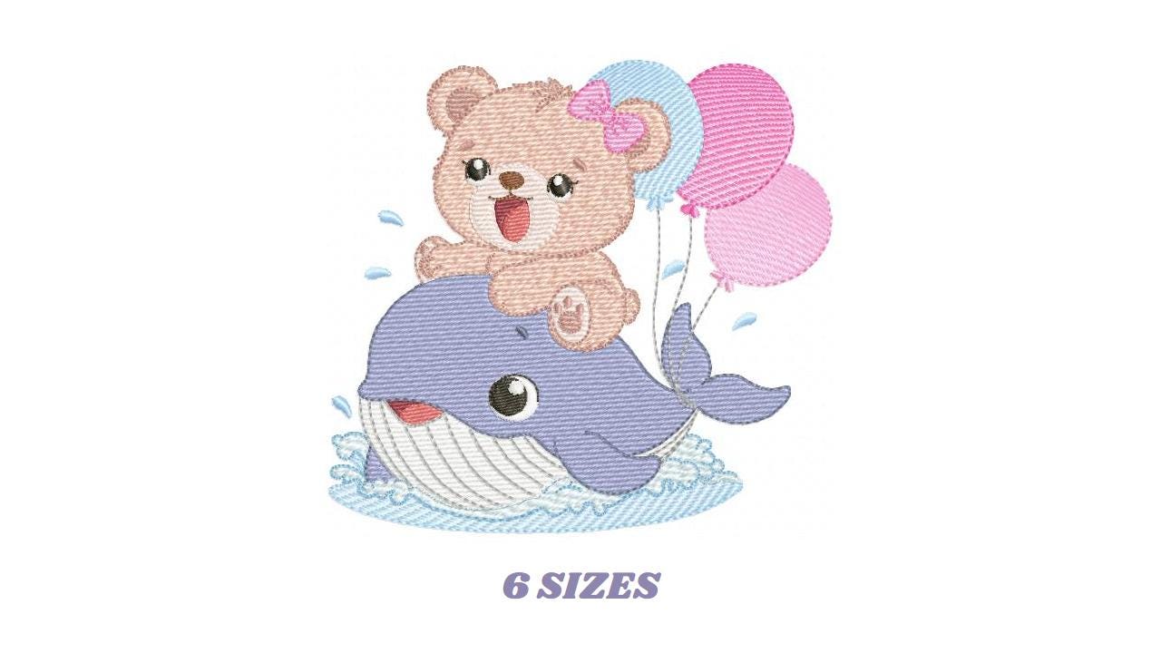 Bear with Whale embroidery designs - Ocean Animal with balloons machine embroidery pattern - Sea Life Baby Boy - Instant digital download