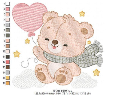 Baby bear with balloon embroidery designs - Bear with scarf machine embroidery pattern - Baby Boy file - Instant digital download pes jef
