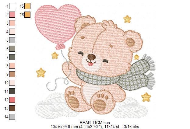 Baby bear with balloon embroidery designs - Bear with scarf machine embroidery pattern - Baby Boy file - Instant digital download pes jef