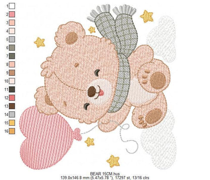 Baby bear with balloon embroidery designs - Bear with scarf machine embroidery pattern - Baby Boy file - Instant digital download pes jef