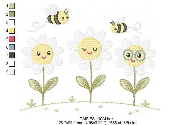 Daisies embroidery designs - Delicate flowers with bees machine embroidery pattern - Floral Kitchen towel - Instant digital download pes jef