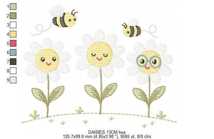 Daisies embroidery designs - Delicate flowers with bees machine embroidery pattern - Floral Kitchen towel - Instant digital download pes jef