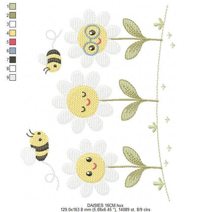 Daisies embroidery designs - Delicate flowers with bees machine embroidery pattern - Floral Kitchen towel - Instant digital download pes jef
