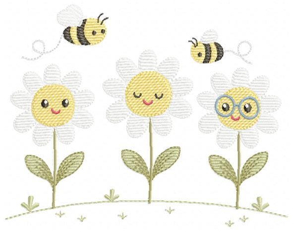 Daisies embroidery designs - Delicate flowers with bees machine embroidery pattern - Floral Kitchen towel - Instant digital download pes jef