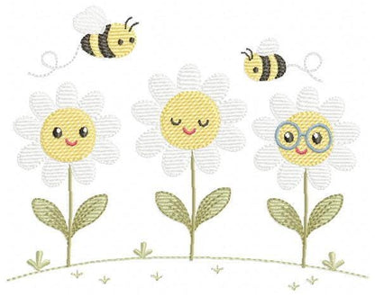 Daisies embroidery designs - Delicate flowers with bees machine embroidery pattern - Floral Kitchen towel - Instant digital download pes jef