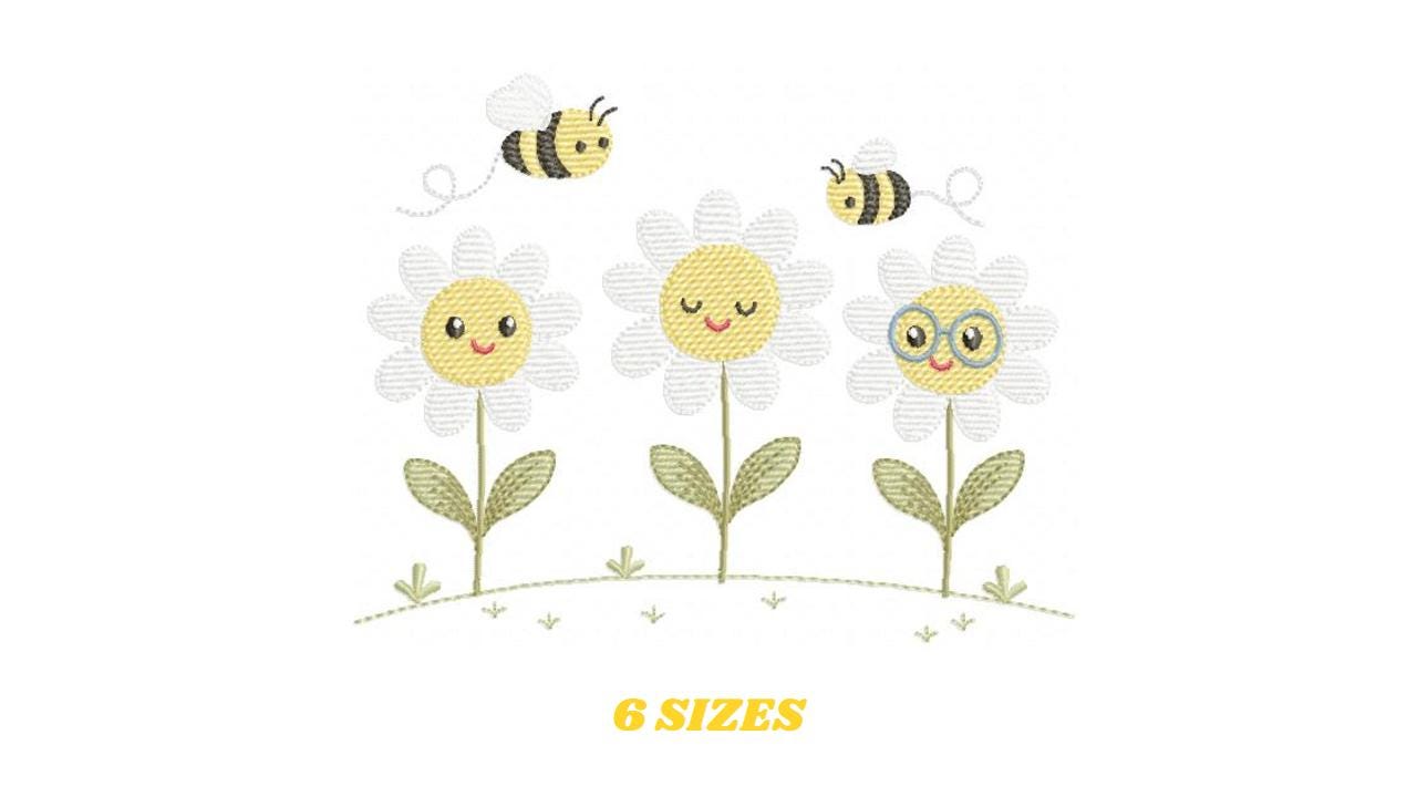 Daisies embroidery designs - Delicate flowers with bees machine embroidery pattern - Floral Kitchen towel - Instant digital download pes jef