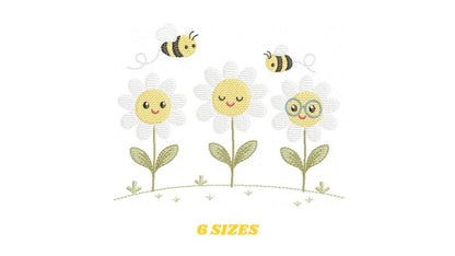 Daisies embroidery designs - Delicate flowers with bees machine embroidery pattern - Floral Kitchen towel - Instant digital download pes jef