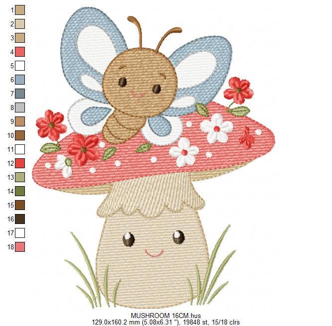 Mushroom with flowers embroidery designs - Toad with butterflies machine embroidery pattern - Kitchen Towel file - Instant download pes dst