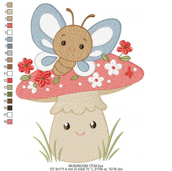 Mushroom with flowers embroidery designs - Toad with butterflies machine embroidery pattern - Kitchen Towel file - Instant download pes dst