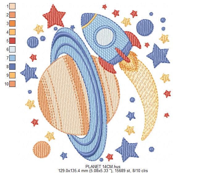 Space Rocket embroidery designs - Space Planet Saturn machine embroidery pattern - Moon stars and planet file - Baby boy - Instant download