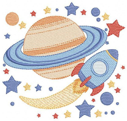Space Rocket embroidery designs - Space Planet Saturn machine embroidery pattern - Moon stars and planet file - Baby boy - Instant download