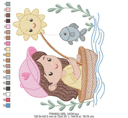 Baby girl fishing embroidery design - Fisherman girl machine embroidery pattern - Children toddler playing sun grass file - Instant download