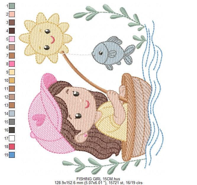Baby girl fishing embroidery design - Fisherman girl machine embroidery pattern - Children toddler playing sun grass file - Instant download