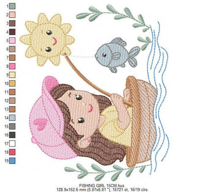 Baby girl fishing embroidery design - Fisherman girl machine embroidery pattern - Children toddler playing sun grass file - Instant download