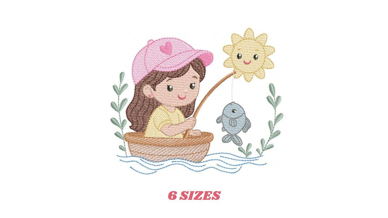 Baby girl fishing embroidery design - Fisherman girl machine embroidery pattern - Children toddler playing sun grass file - Instant download