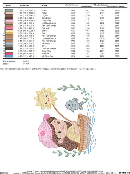 Baby girl fishing embroidery design - Fisherman girl machine embroidery pattern - Children toddler playing sun grass file - Instant download