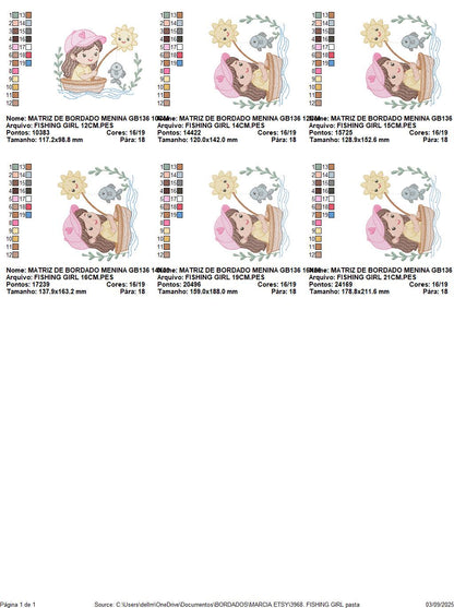Baby girl fishing embroidery design - Fisherman girl machine embroidery pattern - Children toddler playing sun grass file - Instant download
