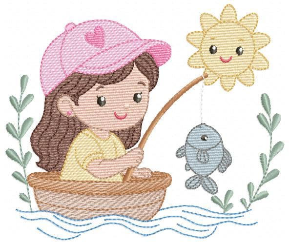 Baby girl fishing embroidery design - Fisherman girl machine embroidery pattern - Children toddler playing sun grass file - Instant download