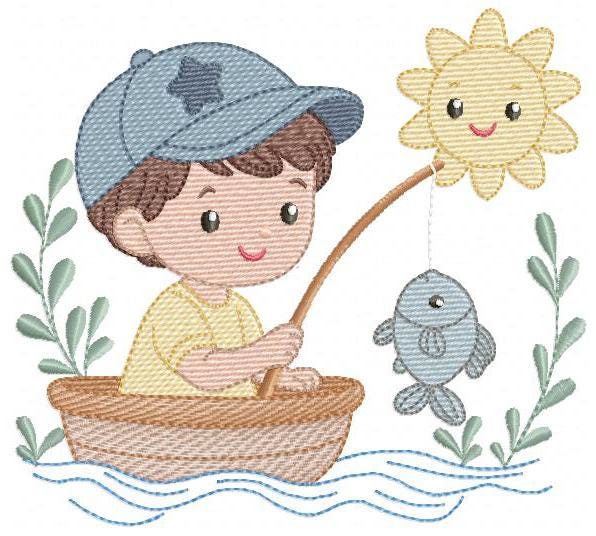 Baby boy fishing embroidery design - Fisherman boy machine embroidery pattern - Children toddler playing sun grass file - Instant download