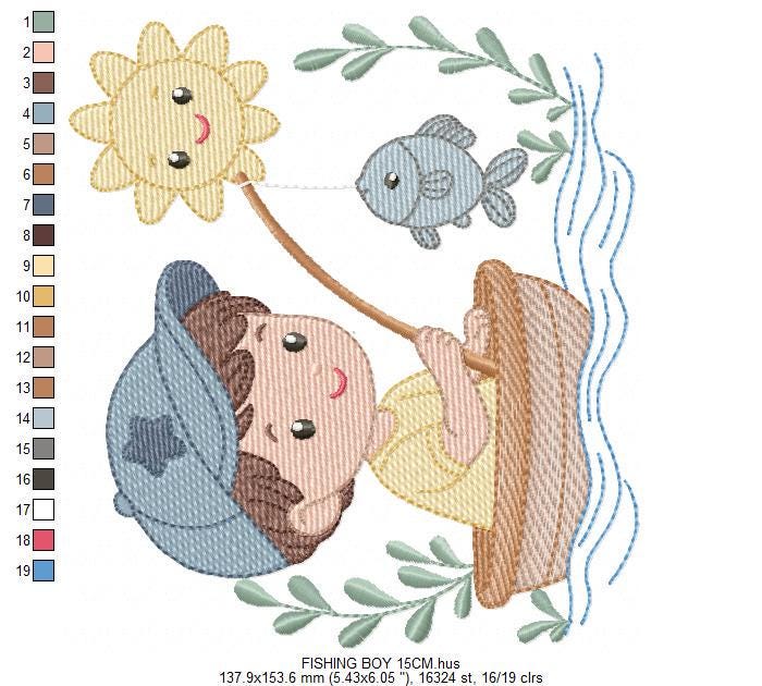 Baby boy fishing embroidery design - Fisherman boy machine embroidery pattern - Children toddler playing sun grass file - Instant download