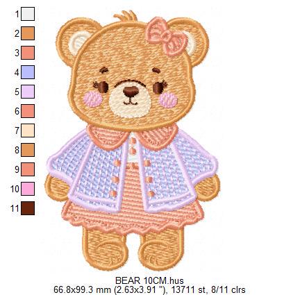 Female Bear embroidery designs - Baby girl teddy bear machine embroidery pattern - Bear with lace and dress file - Instant download pes jef