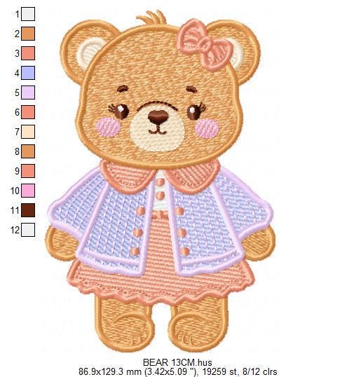 Female Bear embroidery designs - Baby girl teddy bear machine embroidery pattern - Bear with lace and dress file - Instant download pes jef