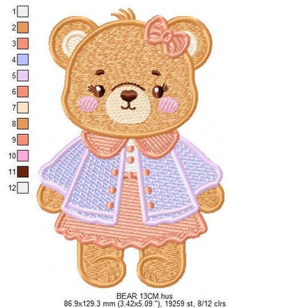 Female Bear embroidery designs - Baby girl teddy bear machine embroidery pattern - Bear with lace and dress file - Instant download pes jef