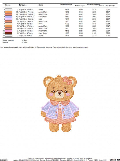 Female Bear embroidery designs - Baby girl teddy bear machine embroidery pattern - Bear with lace and dress file - Instant download pes jef